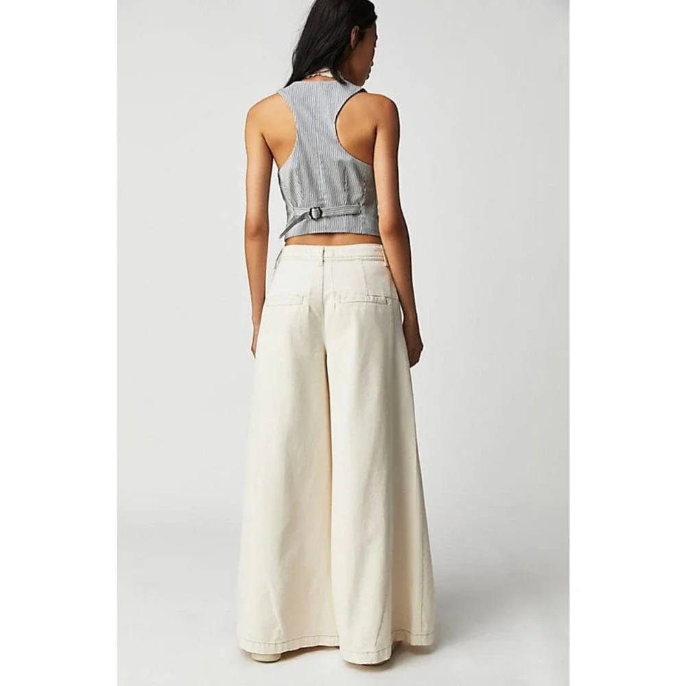 Free People Equinox Wide Leg Denim Trouser NWT Size 4 Pale Blue Gray button fly - Picture 3 of 12